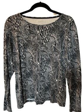 Charter Club Black and Gray Paisley-Print Long Sleeve Top size x large cotton